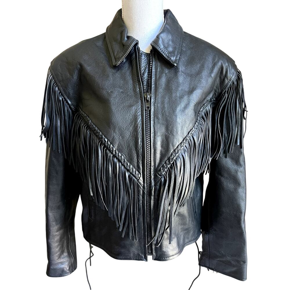 Vintage Leather King black leather fringed moto motorcycle western jacket size L